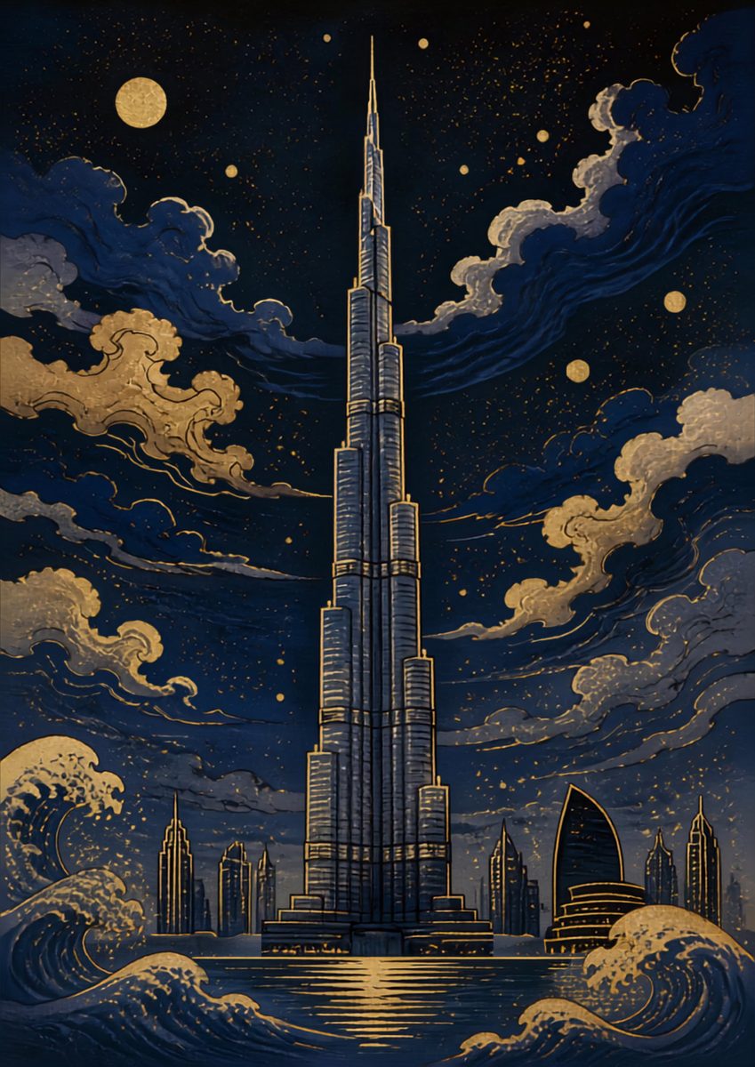 Burj by Moonlight — Dubai art print: the Burj Khalifa against a navy night sky with the downtown fountains caught mid-rise.