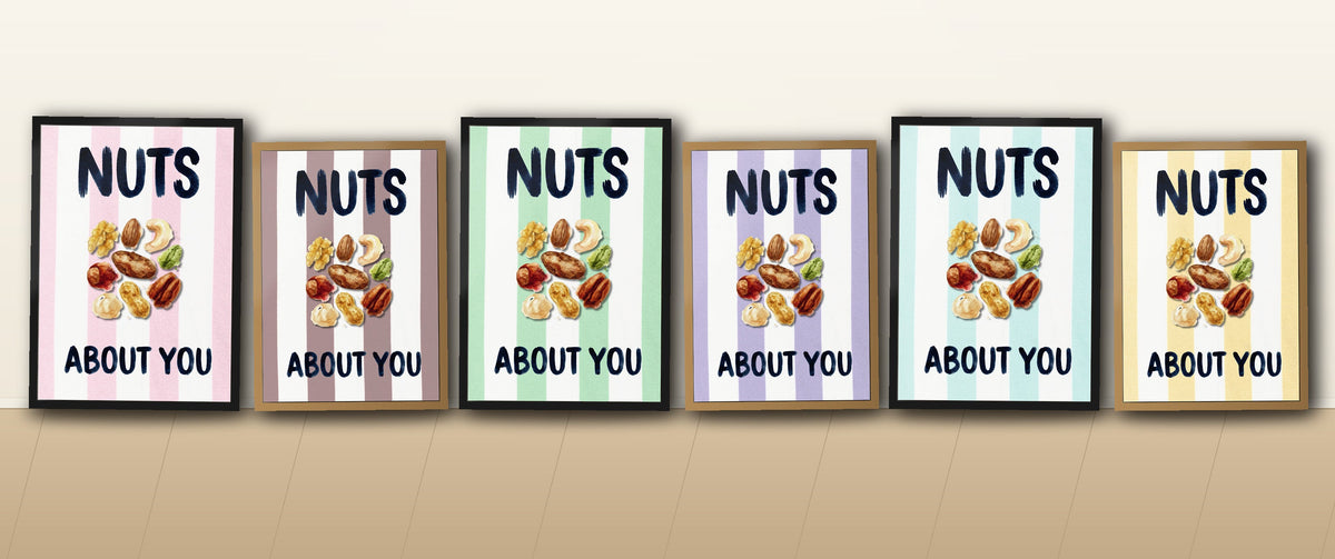 All six Nuts About You colourways in frames resting against a wall