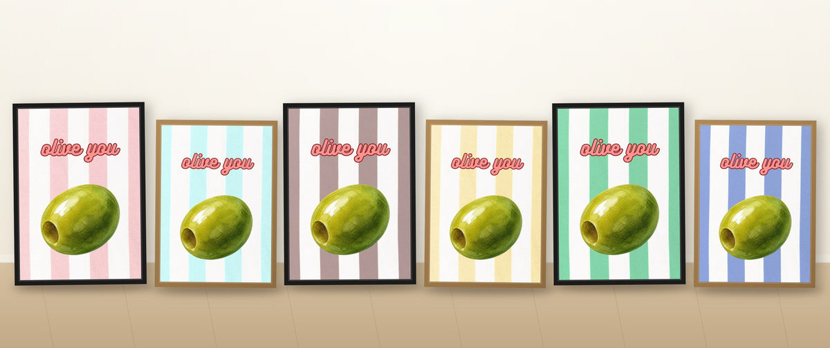 All six Olive You colourways framed and leaning against a wall