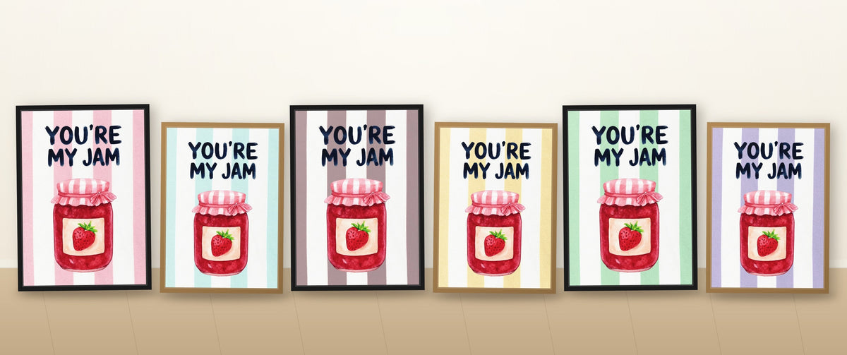 All six You're My Jam colourways framed and leaning against a wall