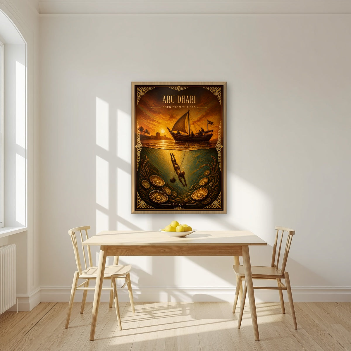 Born from the Sea in an oak frame, above a dining table in a bright kitchen