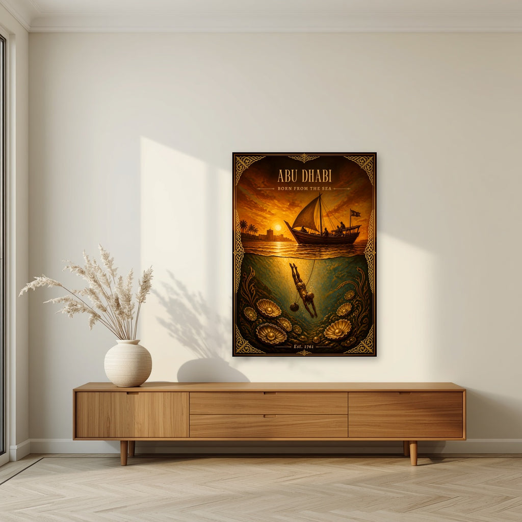 Born from the Sea as an unframed print, above a walnut sideboard in a living room