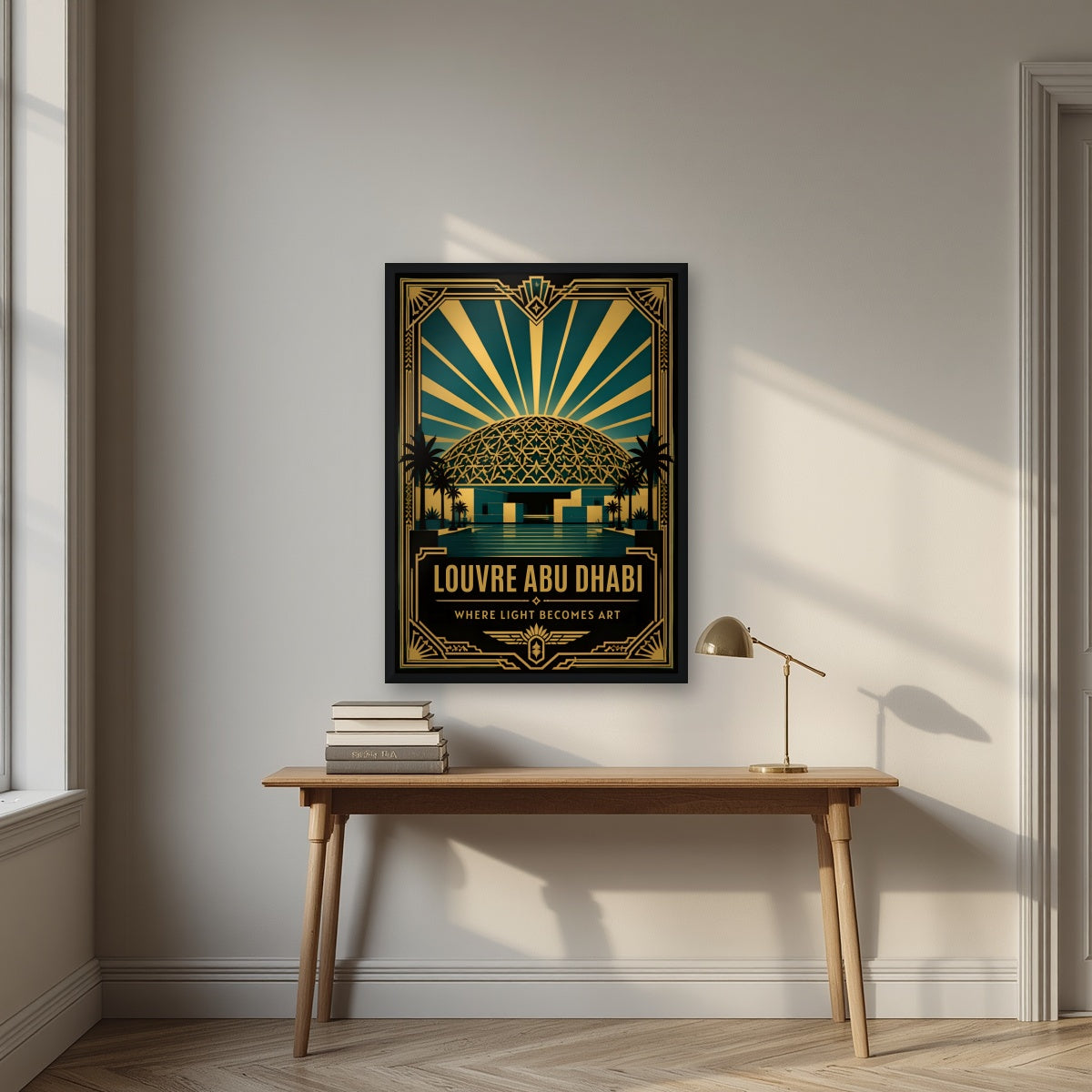Dome of Light in a black frame, above an oak writing desk