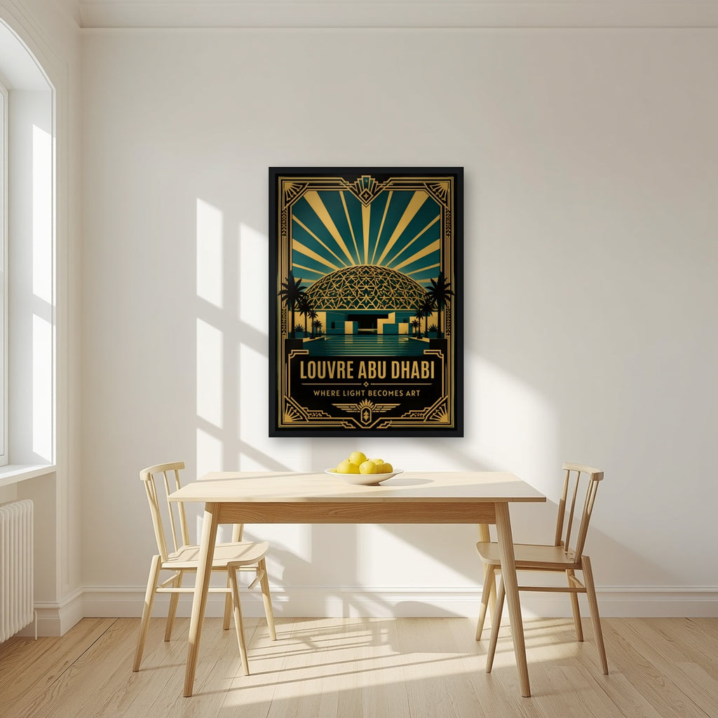 Dome of Light in a black frame, above a dining table in a bright kitchen