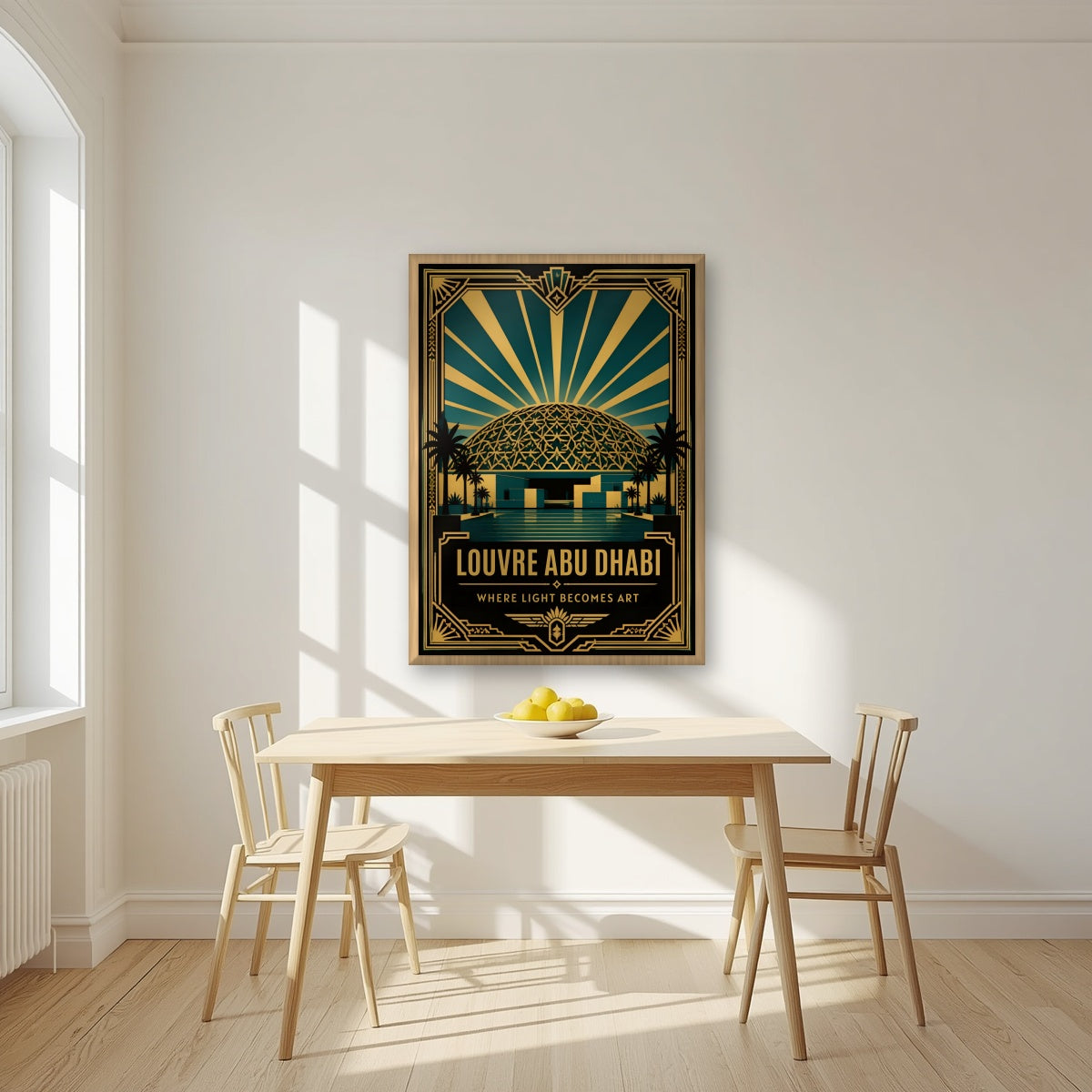 Dome of Light in an oak frame, above a dining table in a bright kitchen