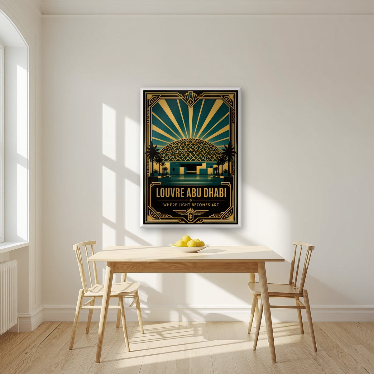 Dome of Light in a white frame, above a dining table in a bright kitchen