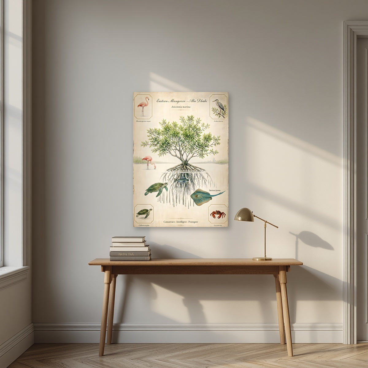 Eastern Mangrove as an unframed print, above an oak writing desk
