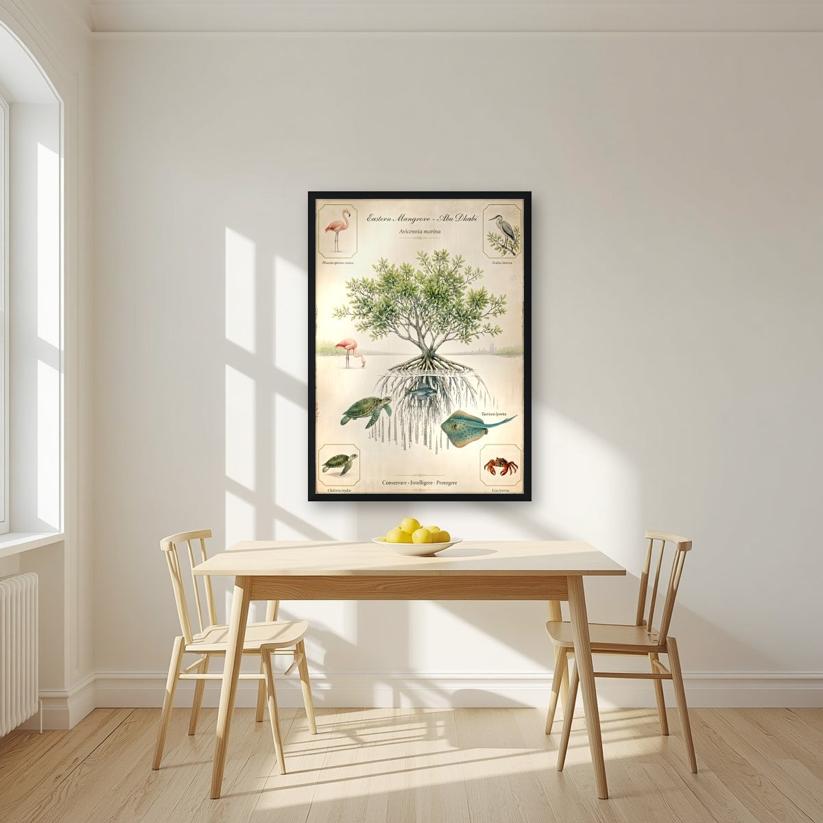 Eastern Mangrove in a black frame, above a dining table in a bright kitchen