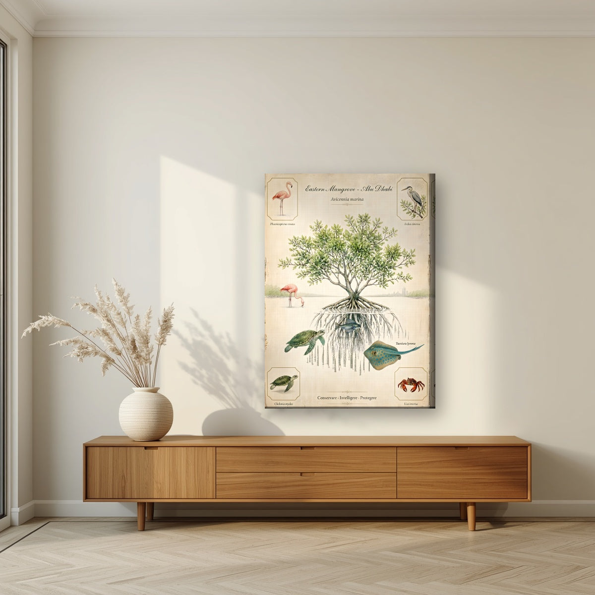 Eastern Mangrove on a slim-edge canvas, above a walnut sideboard in a living room