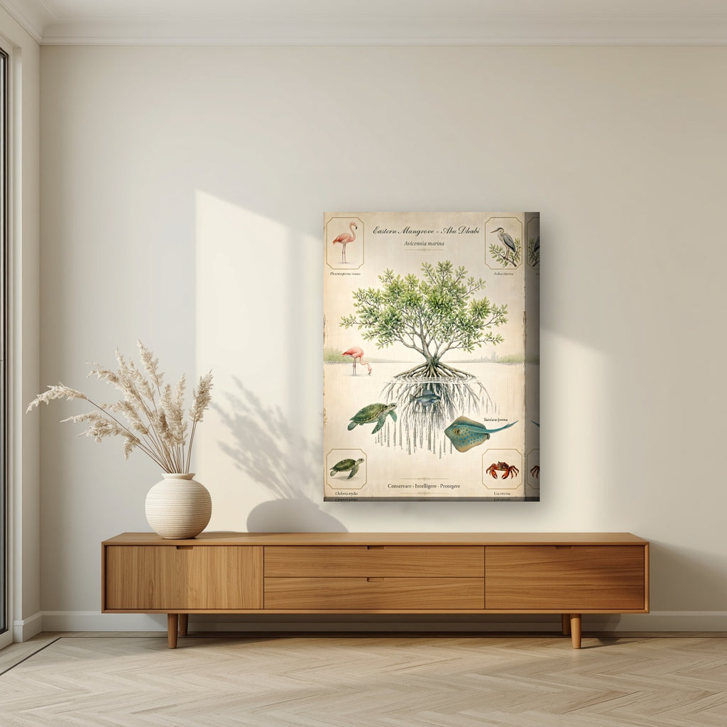Eastern Mangrove on a thick-edge canvas, above a walnut sideboard in a living room