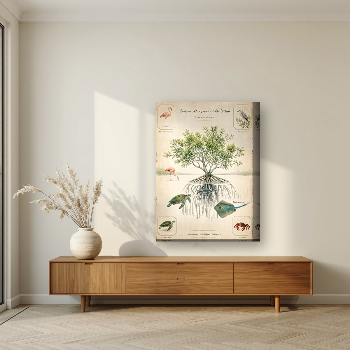 Eastern Mangrove on a thick-edge canvas, above a walnut sideboard in a living room