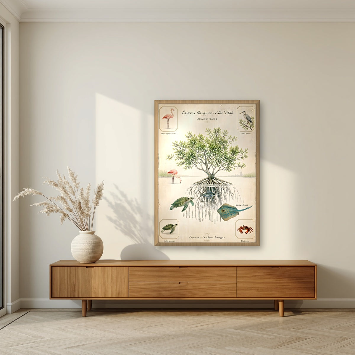 Eastern Mangrove in an oak frame, above a walnut sideboard in a living room