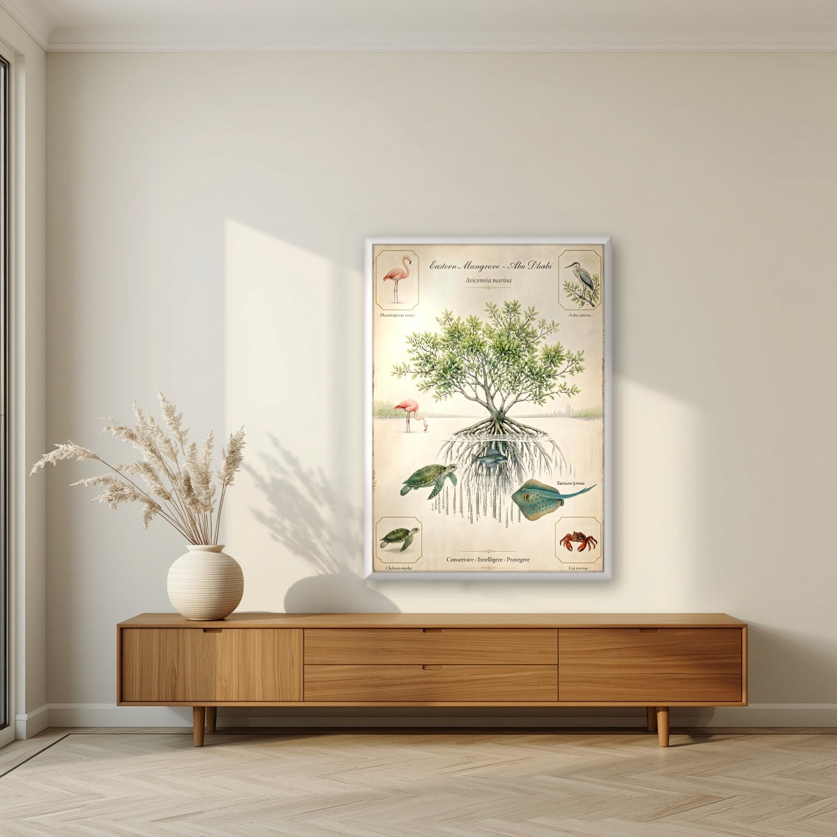 Eastern Mangrove in a white frame, above a walnut sideboard in a living room