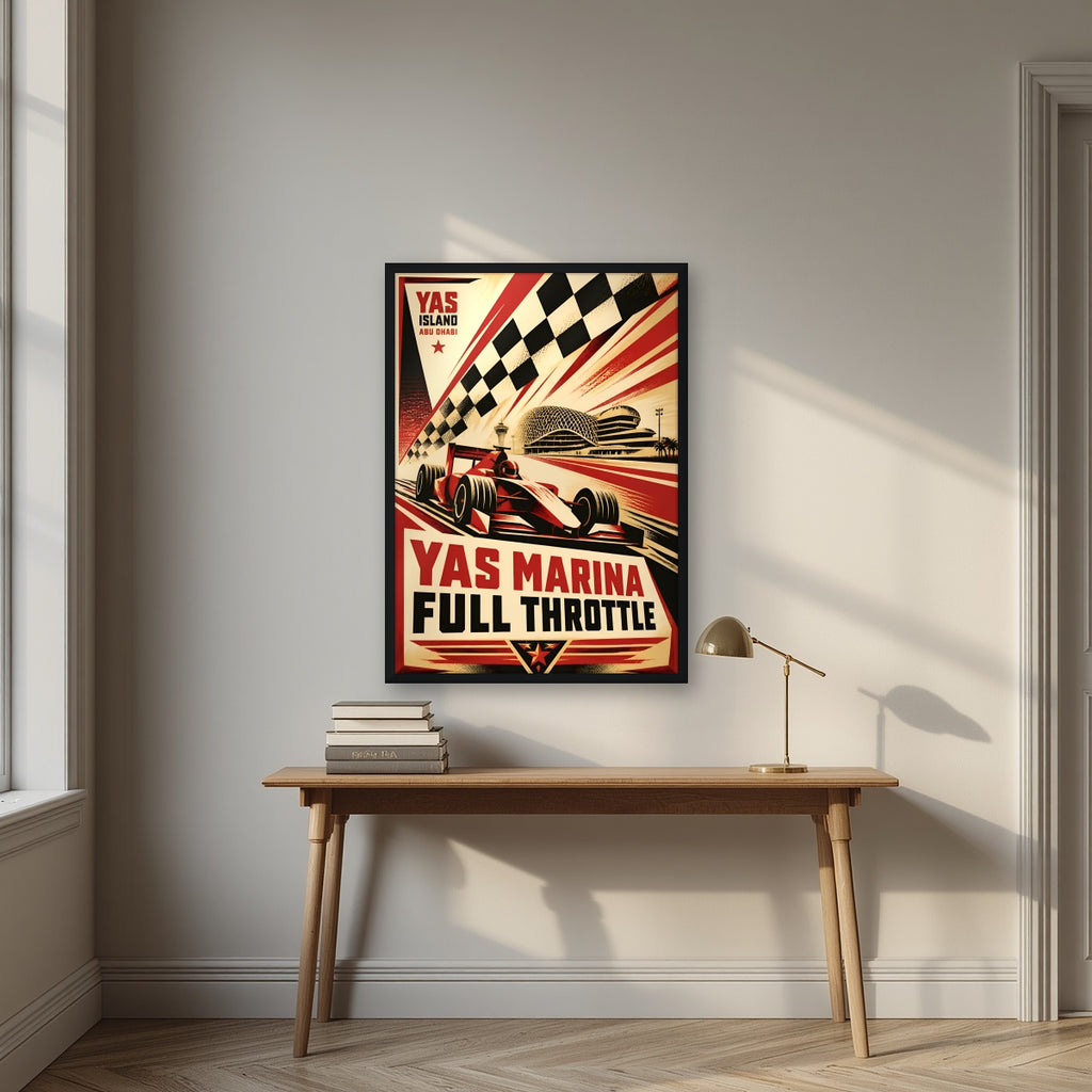 Full Throttle in a black frame, above an oak writing desk