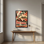 Full Throttle in a black frame, above an oak writing desk