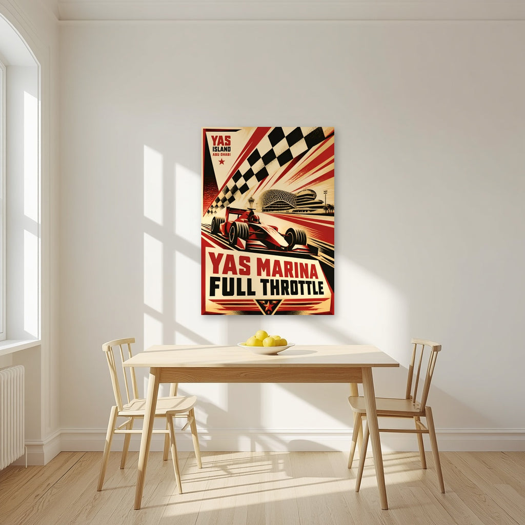 Full Throttle as an unframed print, above a dining table in a bright kitchen