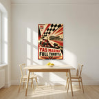 Full Throttle as an unframed print, above a dining table in a bright kitchen