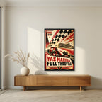 Full Throttle in a black frame, above a walnut sideboard in a living room