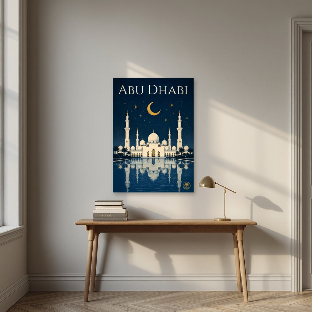 Midnight at the Grand Mosque as an unframed print, above an oak writing desk