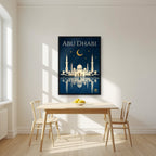 Midnight at the Grand Mosque in a black frame, above a dining table in a bright kitchen