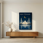 Midnight at the Grand Mosque on a thick-edge canvas, above a walnut sideboard in a living room
