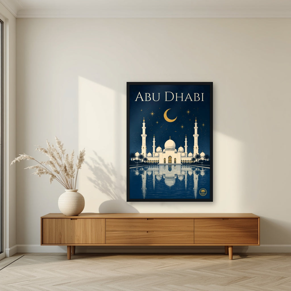 Midnight at the Grand Mosque in a black frame, above a walnut sideboard in a living room