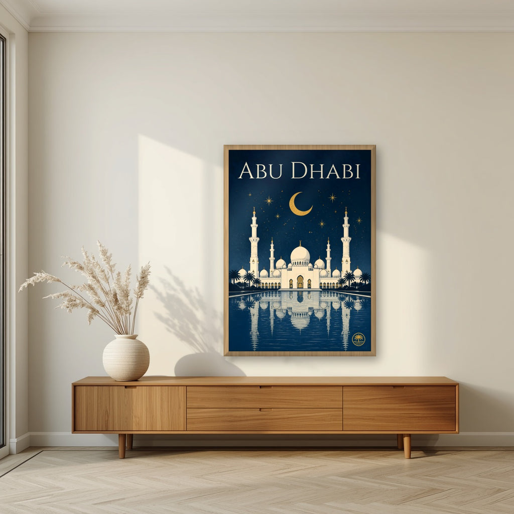 Midnight at the Grand Mosque in an oak frame, above a walnut sideboard in a living room