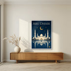 Midnight at the Grand Mosque in a white frame, above a walnut sideboard in a living room