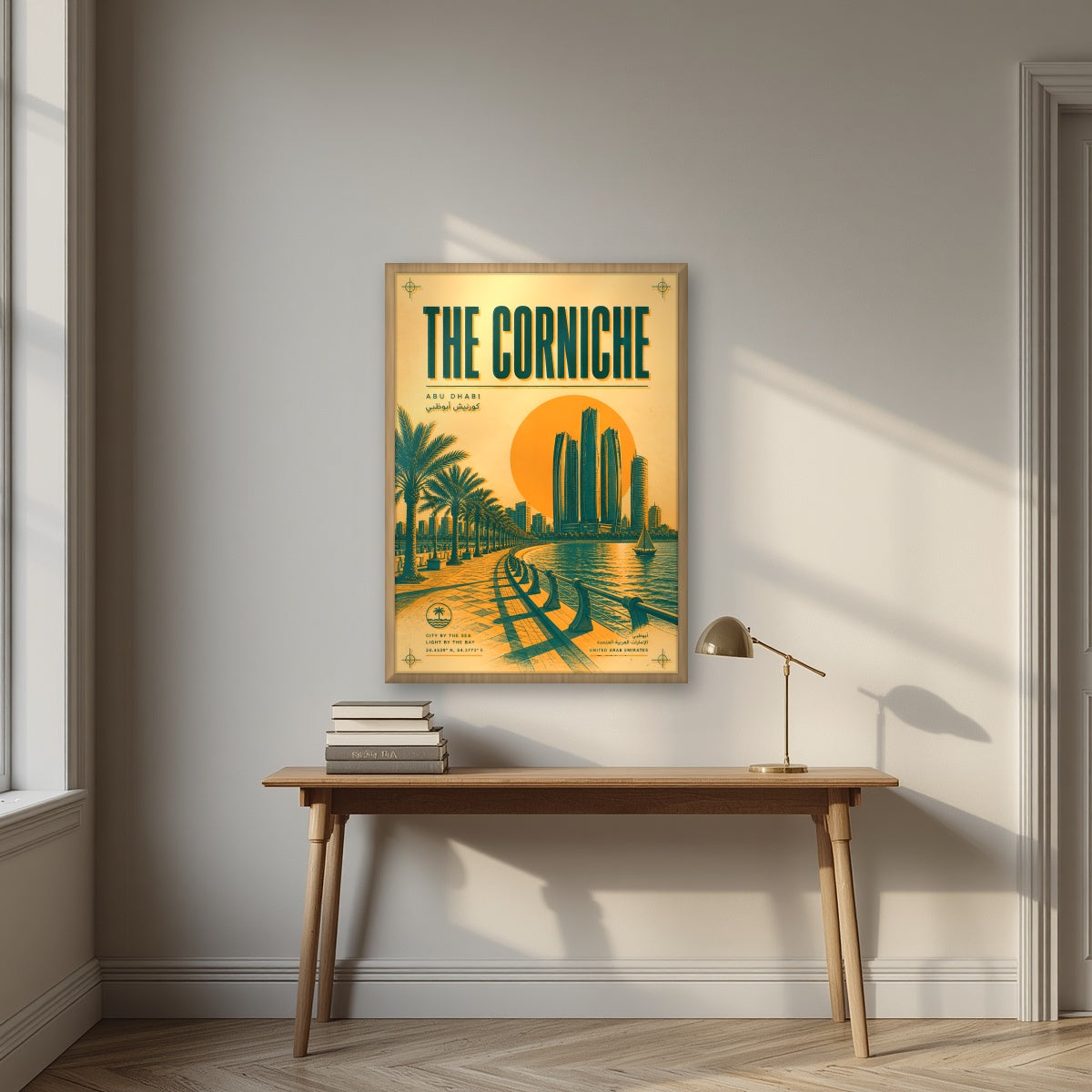 The Corniche in an oak frame, above an oak writing desk