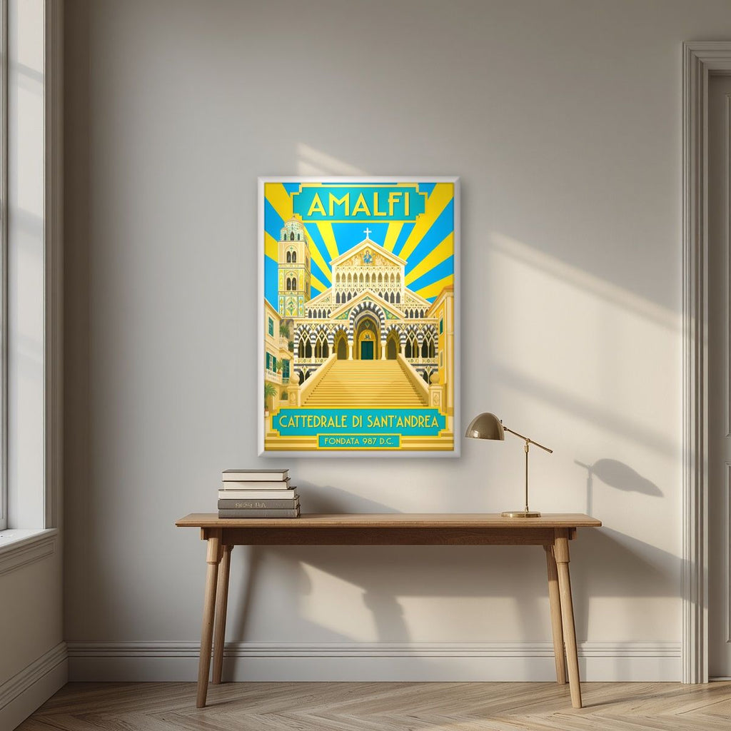 Cattedrale Di Sant'Andrea — Amalfi Coast art print, in a white frame, styled in a desk