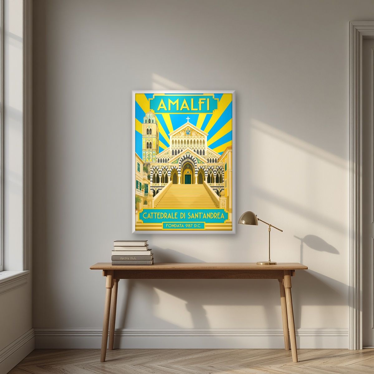 Cattedrale Di Sant'Andrea — Amalfi Coast art print, in a white frame, styled in a desk