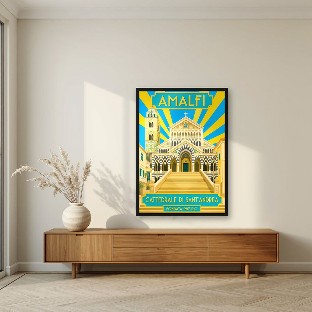 Cattedrale Di Sant'Andrea — Amalfi Coast art print, in a black frame, styled in a living room
