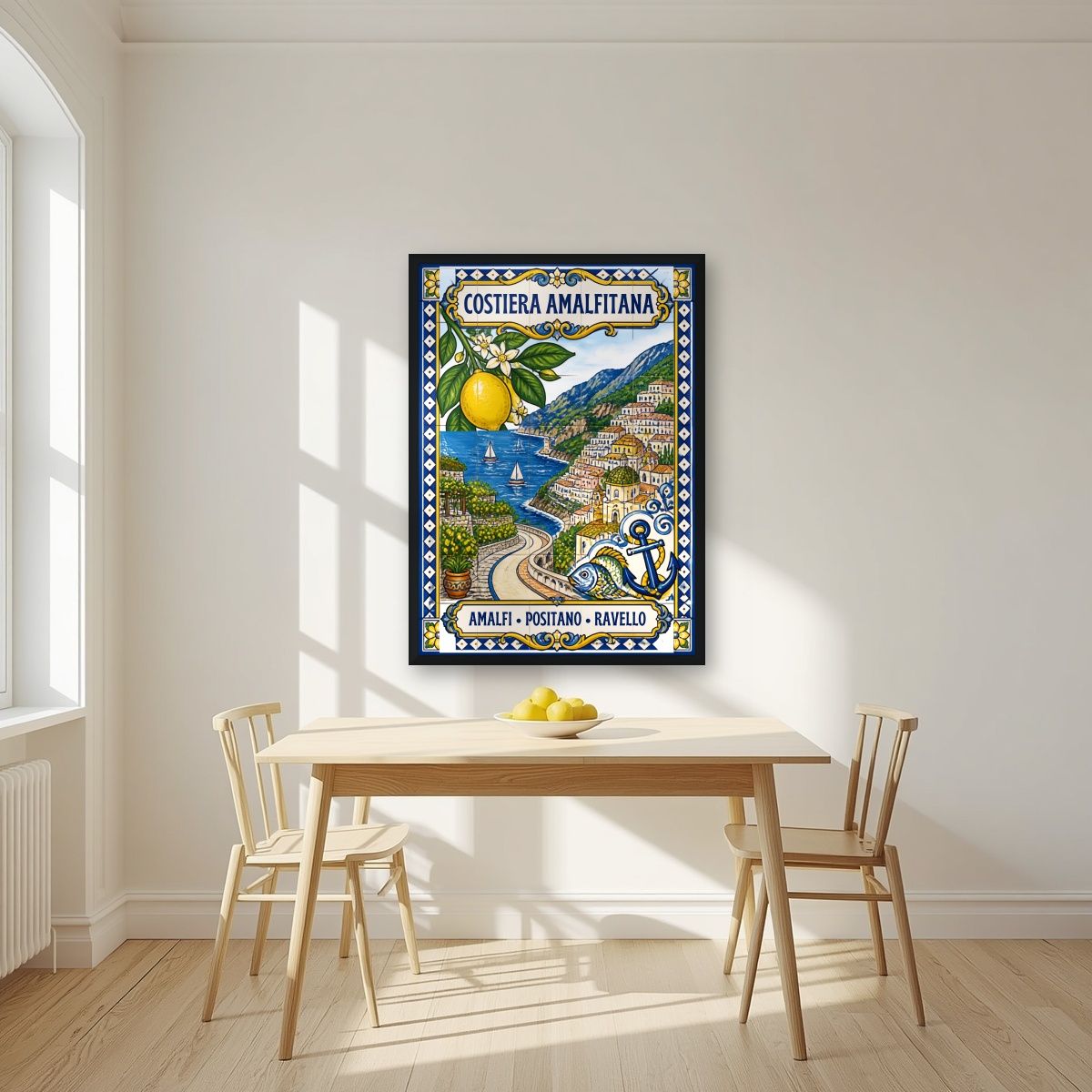 Ceramica Blu — Amalfi Coast art print, in a black frame, styled in a kitchen