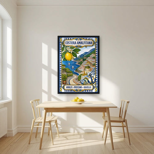 Ceramica Blu — Amalfi Coast art print, in a black frame, styled in a kitchen