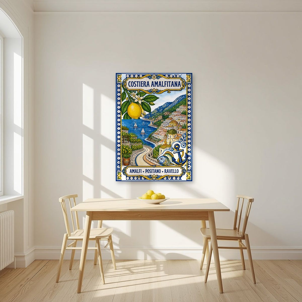 Ceramica Blu — Amalfi Coast art print, unframed poster, styled in a kitchen