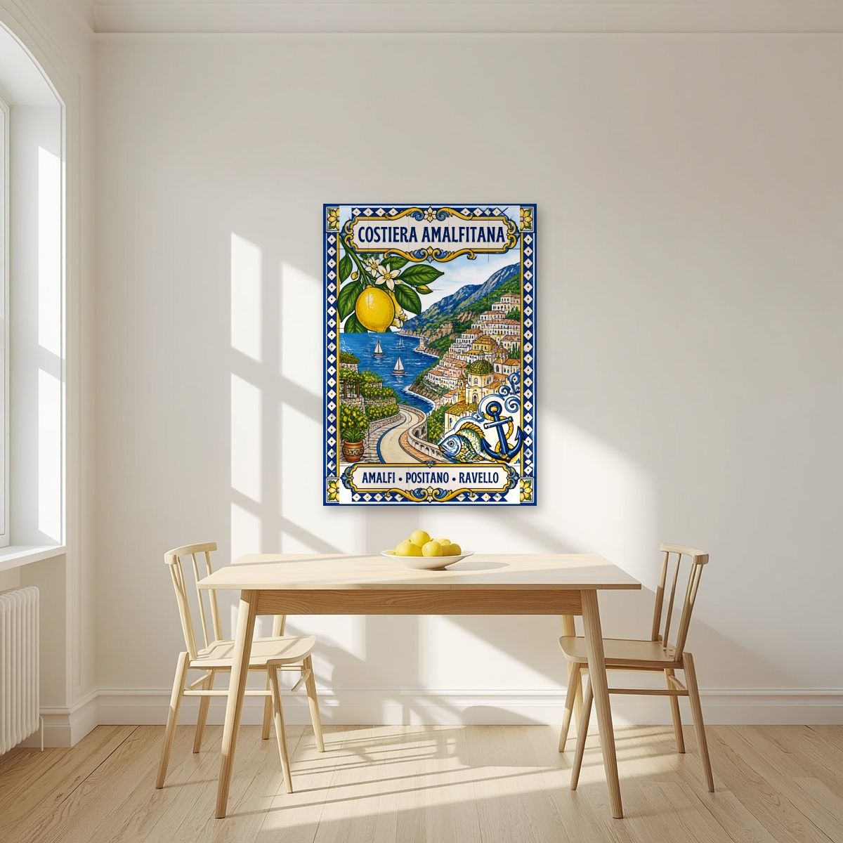 Ceramica Blu — Amalfi Coast art print, unframed poster, styled in a kitchen