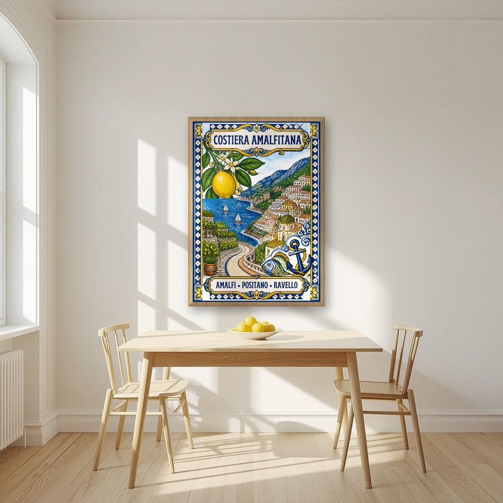 Ceramica Blu — Amalfi Coast art print, in an oak frame, styled in a kitchen