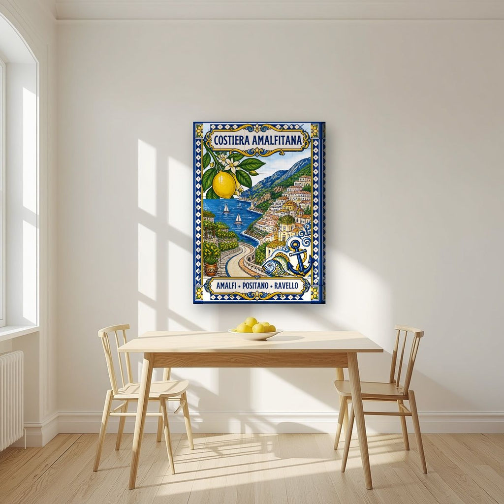 Ceramica Blu — Amalfi Coast art print, on slim canvas, styled in a kitchen