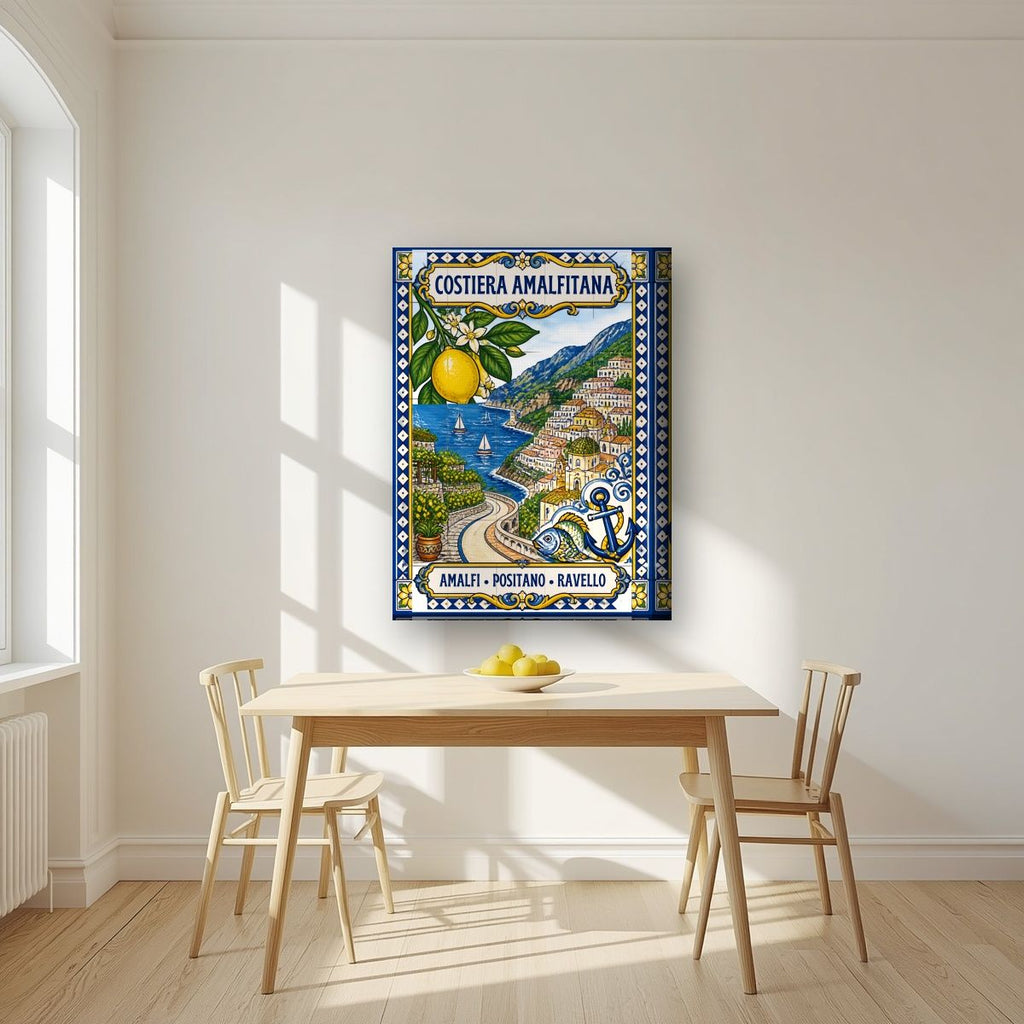 Ceramica Blu — Amalfi Coast art print, on thick canvas, styled in a kitchen
