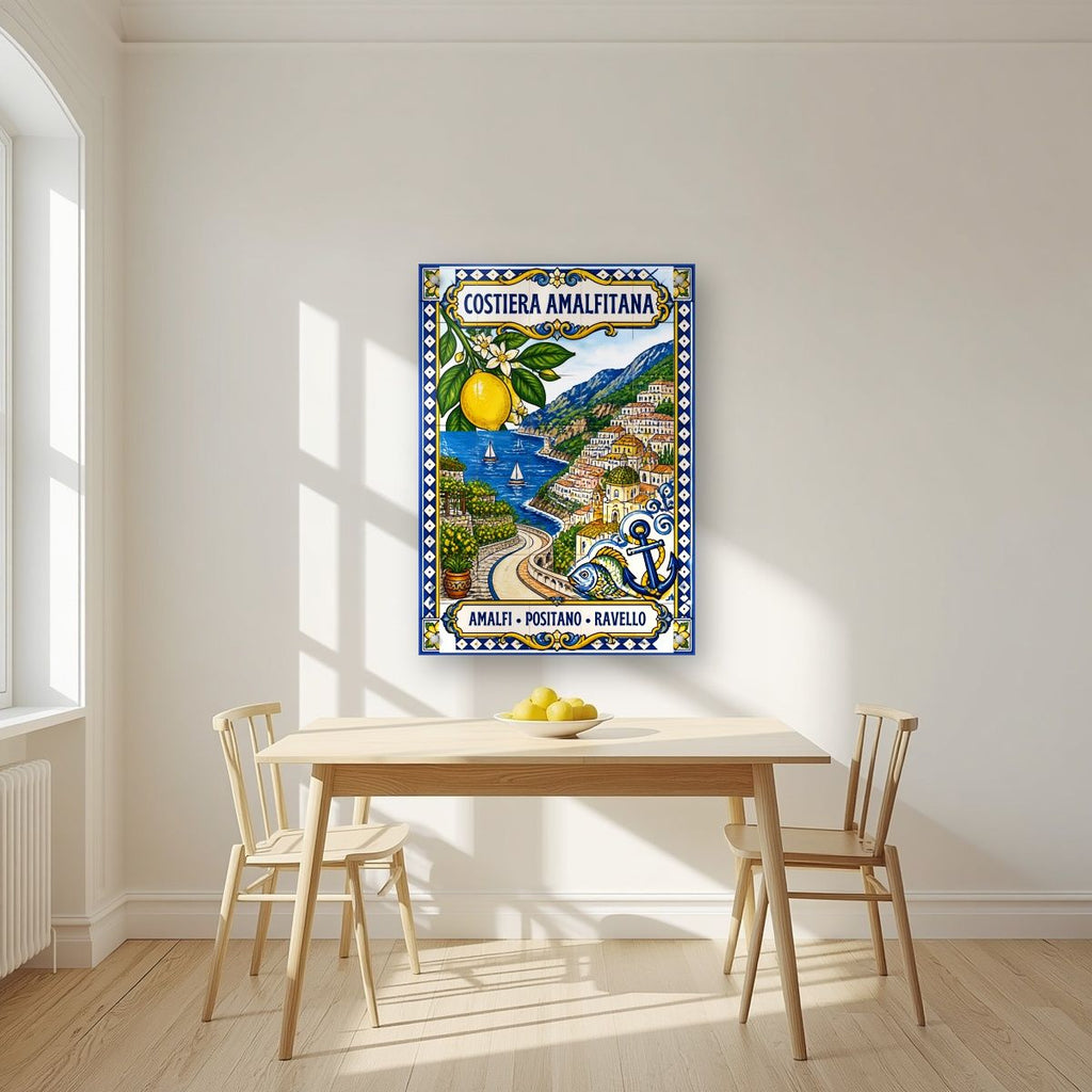 Ceramica Blu — Amalfi Coast art print, as an acrylic print, styled in a kitchen