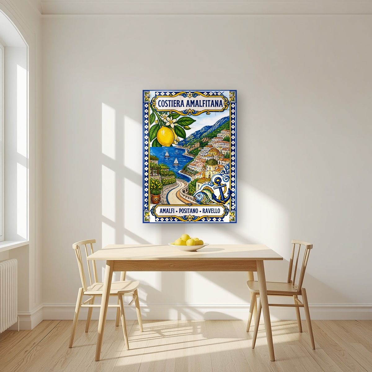 Ceramica Blu — Amalfi Coast art print, as an acrylic print, styled in a kitchen