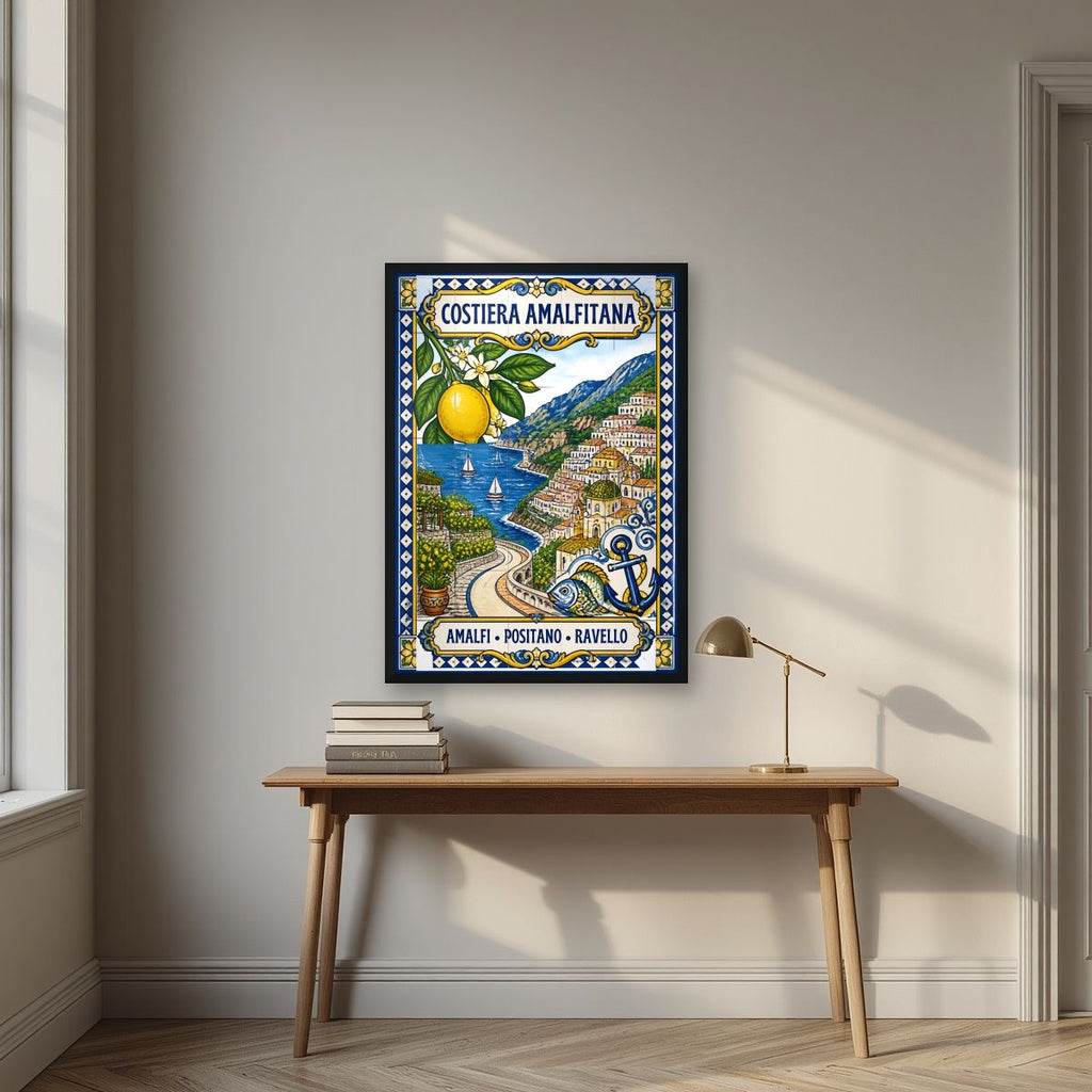 Ceramica Blu — Amalfi Coast art print, in a black frame, styled in a desk