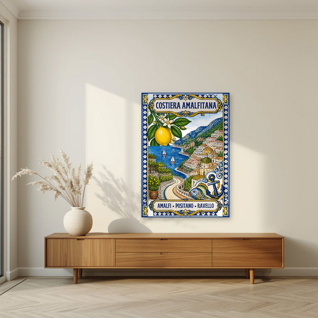 Ceramica Blu — Amalfi Coast art print, unframed poster, styled in a living room