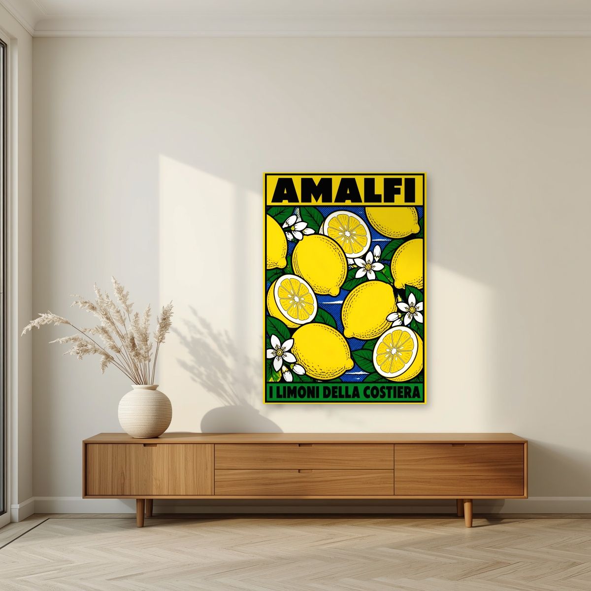 I Limoni Della Costiera — Amalfi Coast art print, unframed poster, styled in a living room