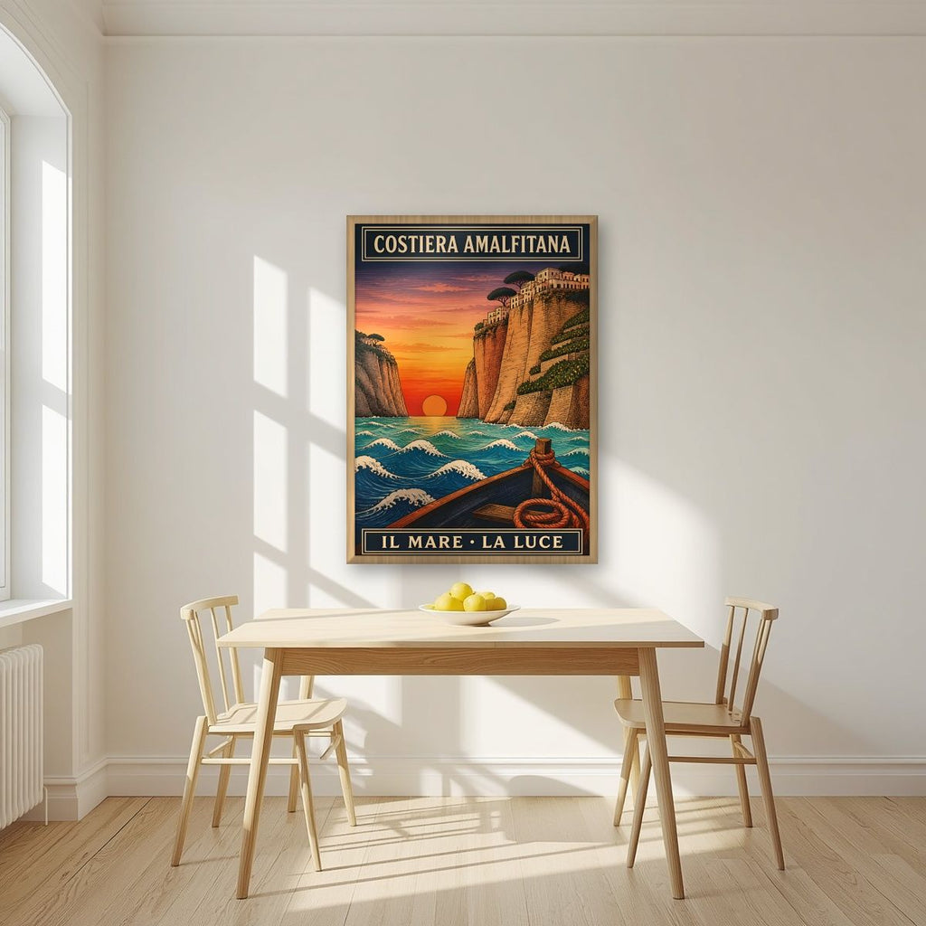 Il Mare La Luce — Amalfi Coast art print, in an oak frame, styled in a kitchen