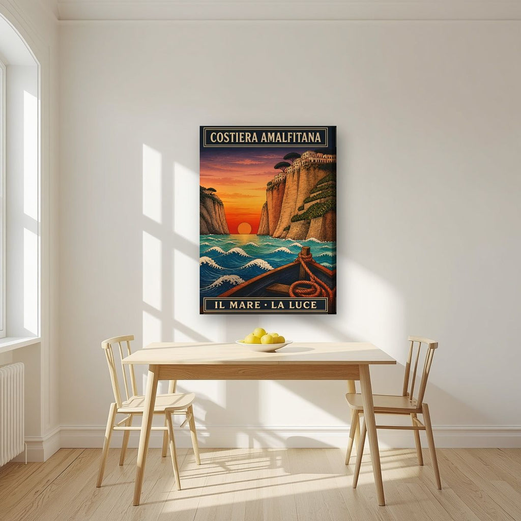 Il Mare La Luce — Amalfi Coast art print, on slim canvas, styled in a kitchen