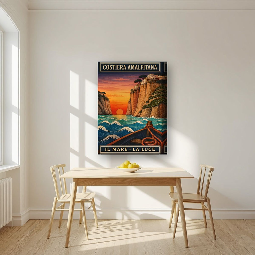Il Mare La Luce — Amalfi Coast art print, on thick canvas, styled in a kitchen