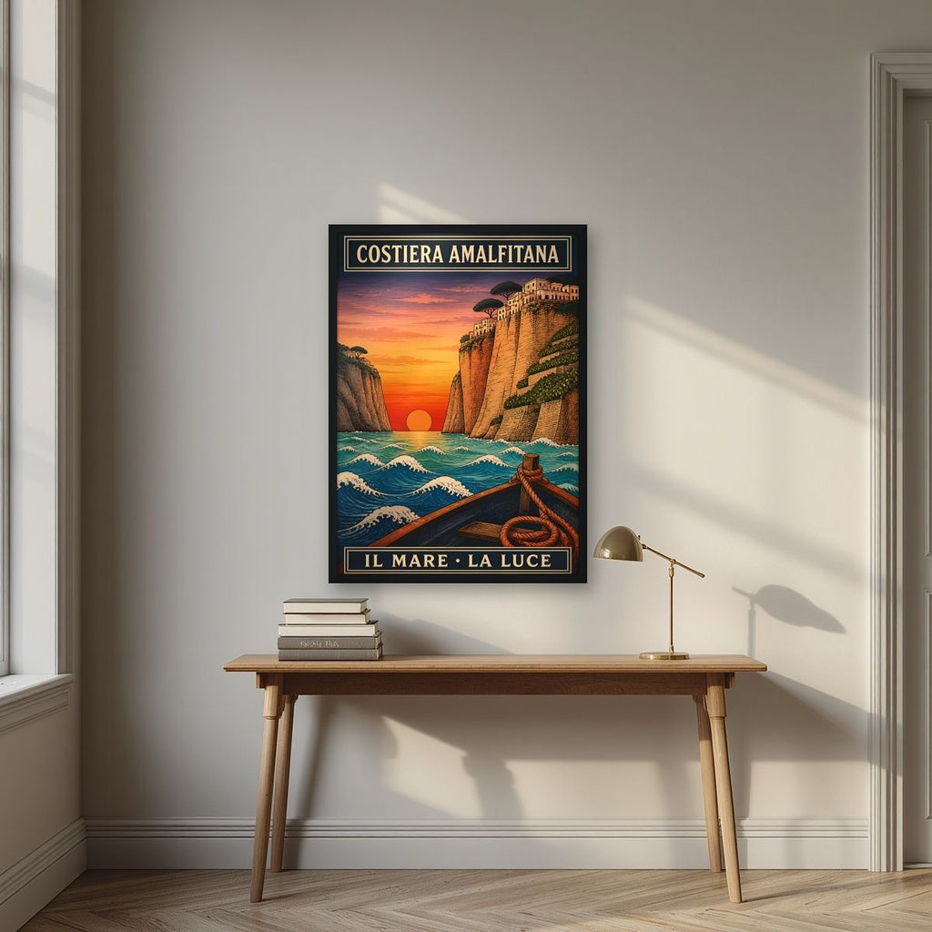 Il Mare La Luce — Amalfi Coast art print, in a black frame, styled in a desk
