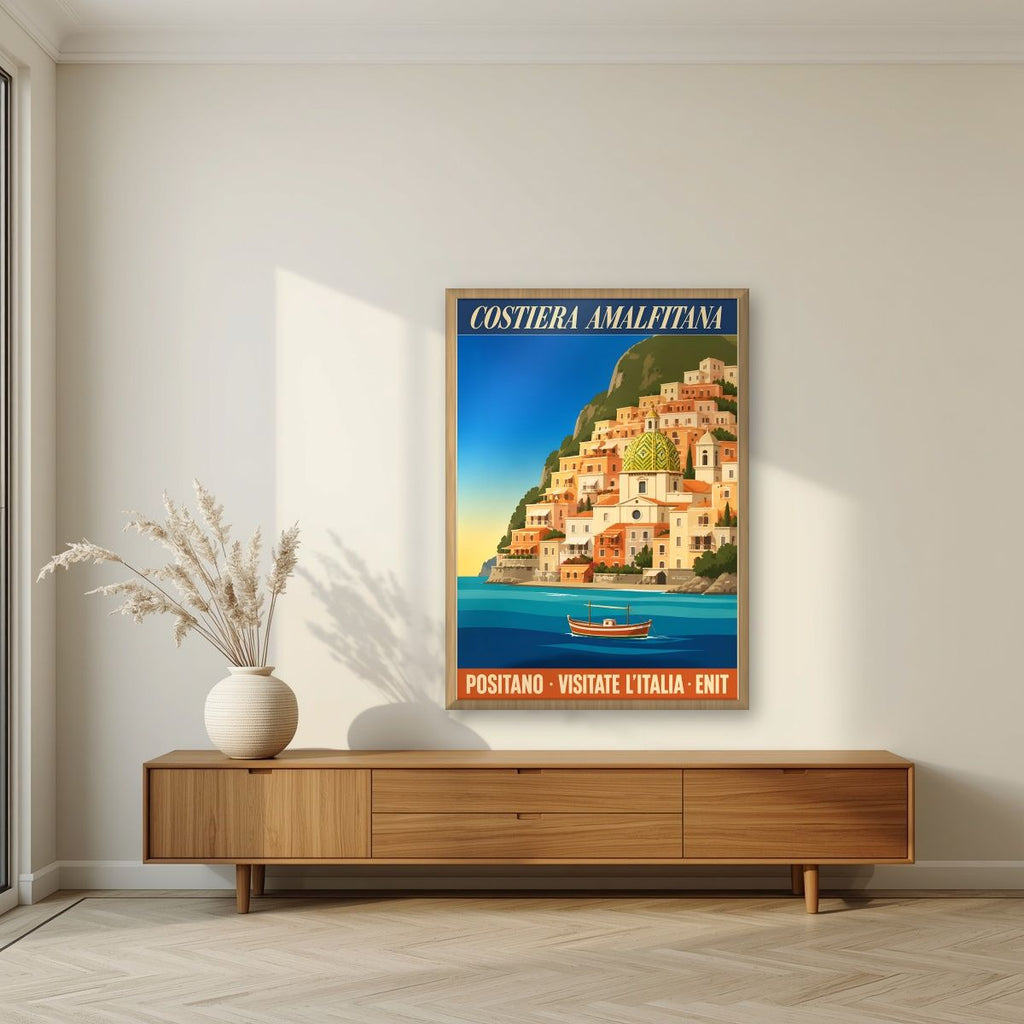 Positano — Amalfi Coast art print, in an oak frame, styled in a living room