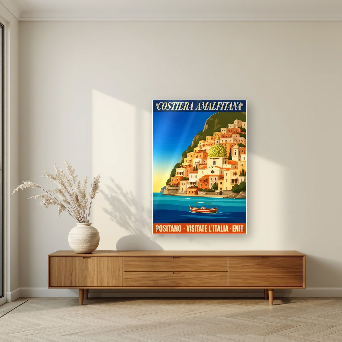 Positano — Amalfi Coast art print, as an acrylic print, styled in a living room